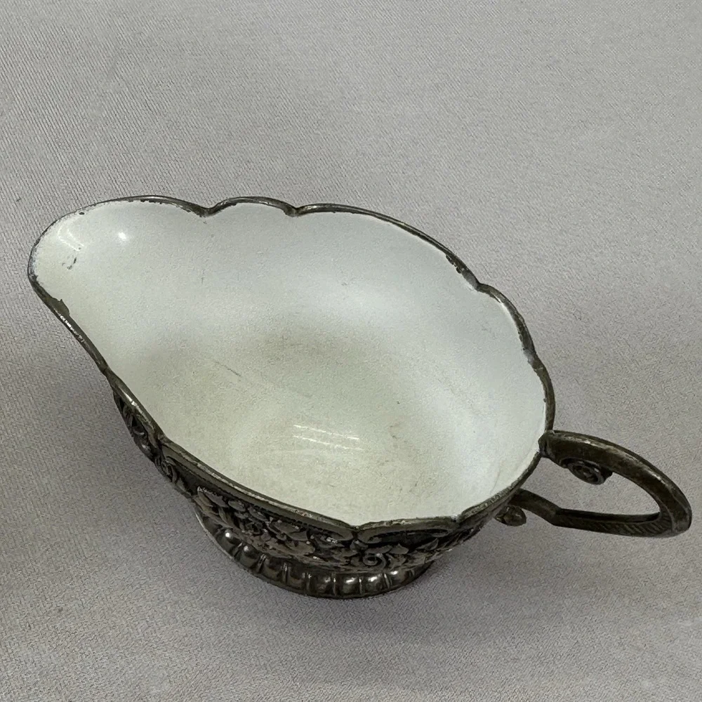 Silver Plated Creamer & Sugar‎ Bowl White Enamel Interior Roses Floral Japan